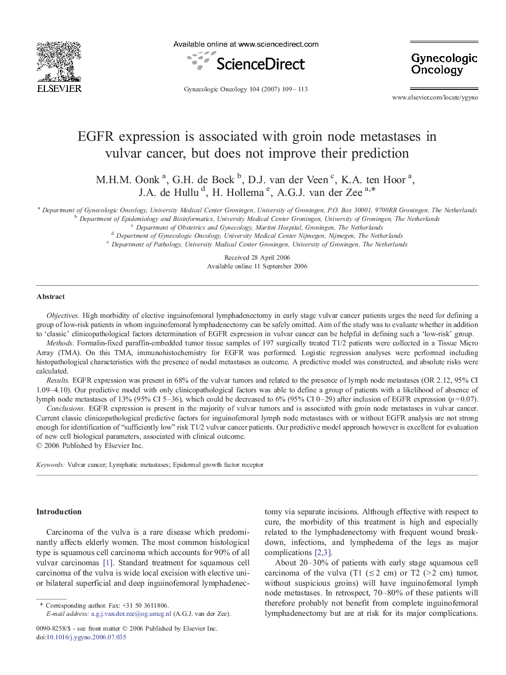 EGFR expression is associated with groin node metastases in vulvar cancer, but does not improve their prediction