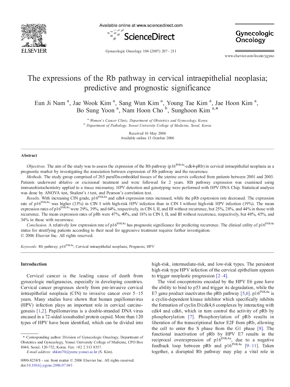 The expressions of the Rb pathway in cervical intraepithelial neoplasia; predictive and prognostic significance