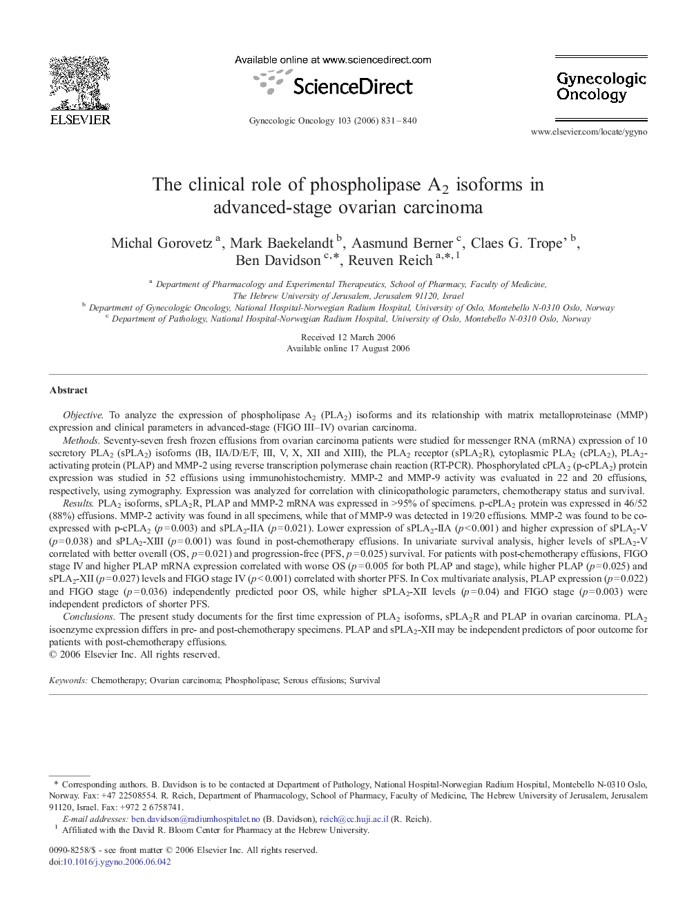 The clinical role of phospholipase A2 isoforms in advanced-stage ovarian carcinoma