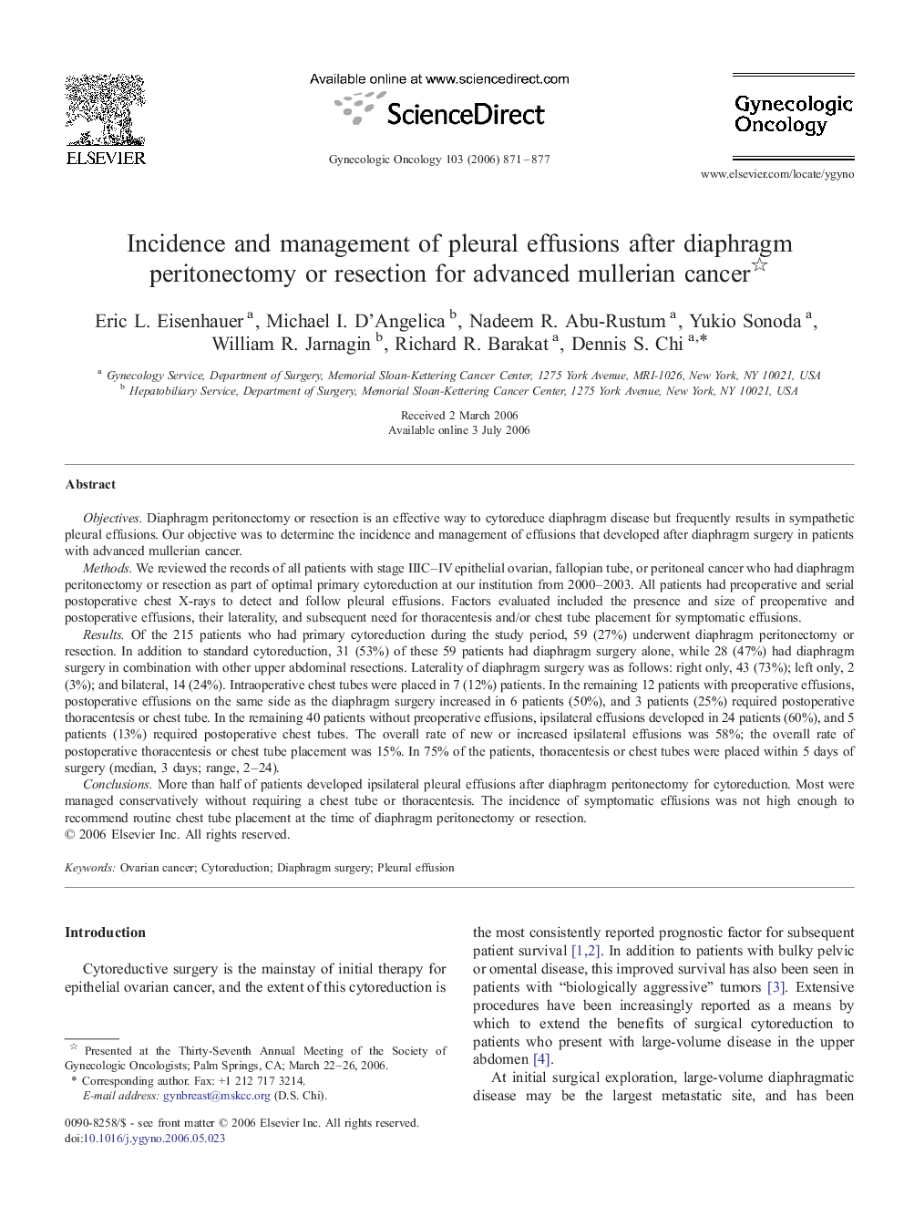 Incidence and management of pleural effusions after diaphragm peritonectomy or resection for advanced mullerian cancer 