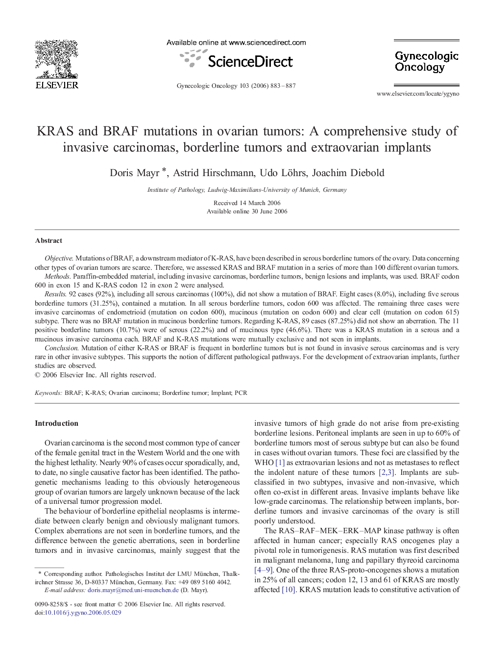 KRAS and BRAF mutations in ovarian tumors: A comprehensive study of invasive carcinomas, borderline tumors and extraovarian implants