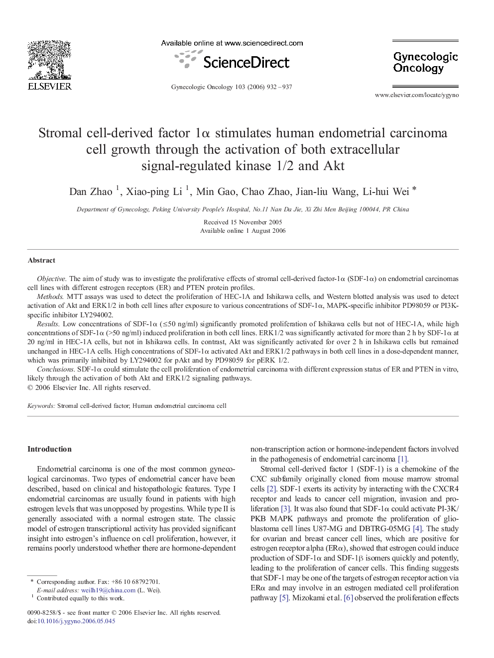 Stromal cell-derived factor 1α stimulates human endometrial carcinoma cell growth through the activation of both extracellular signal-regulated kinase 1/2 and Akt