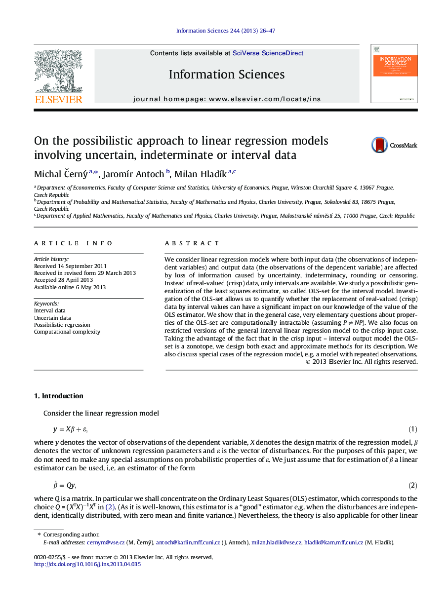 عکس صفحه اول مقاله: On the possibilistic approach to linear regression models involving uncertain, indeterminate or interval data On the possibilistic approach to linear regression models involving uncertain, indeterminate or interval data