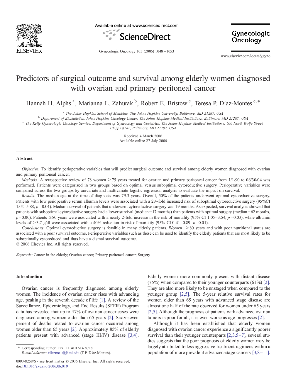 Predictors of surgical outcome and survival among elderly women diagnosed with ovarian and primary peritoneal cancer