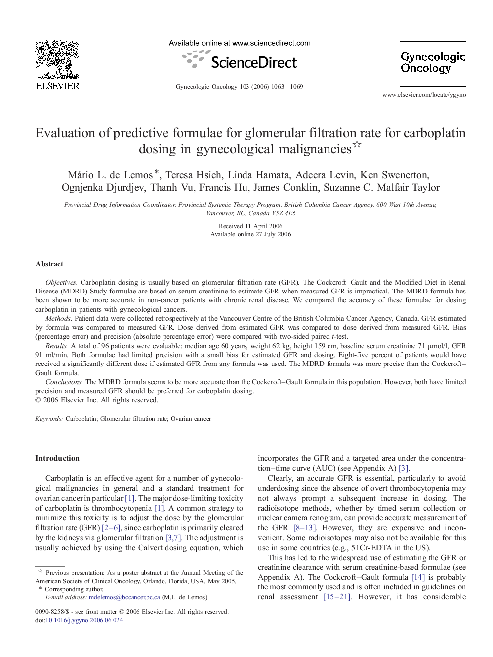 Evaluation of predictive formulae for glomerular filtration rate for carboplatin dosing in gynecological malignancies 