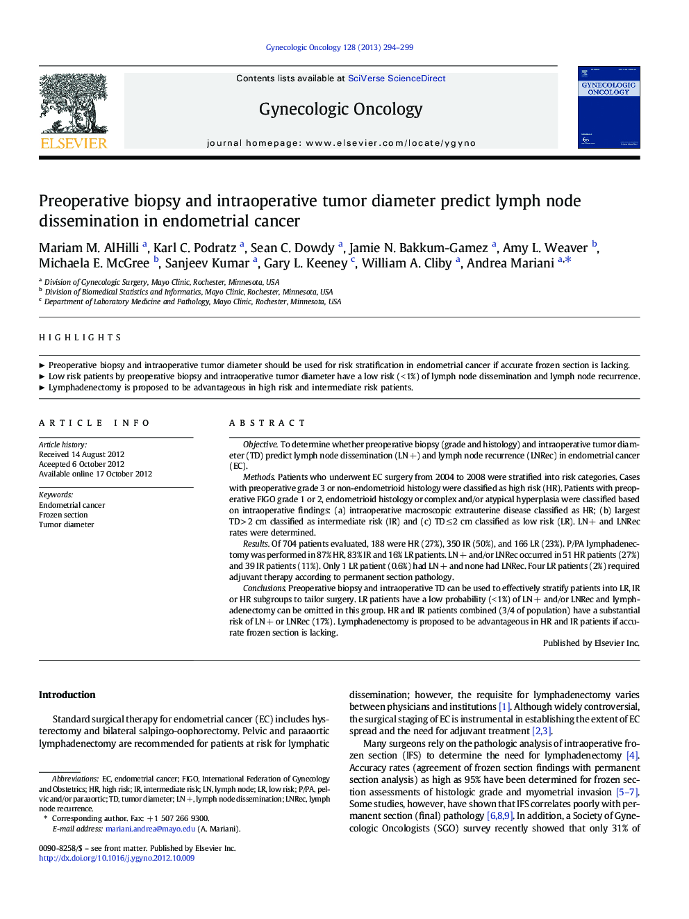 Preoperative biopsy and intraoperative tumor diameter predict lymph node dissemination in endometrial cancer