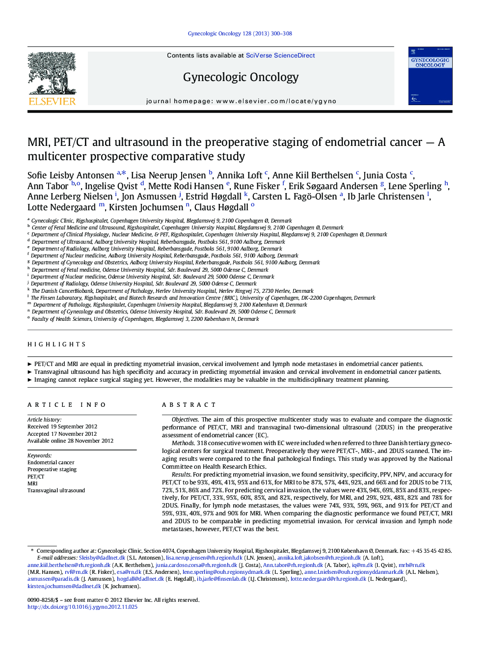 MRI, PET/CT and ultrasound in the preoperative staging of endometrial cancer — A multicenter prospective comparative study
