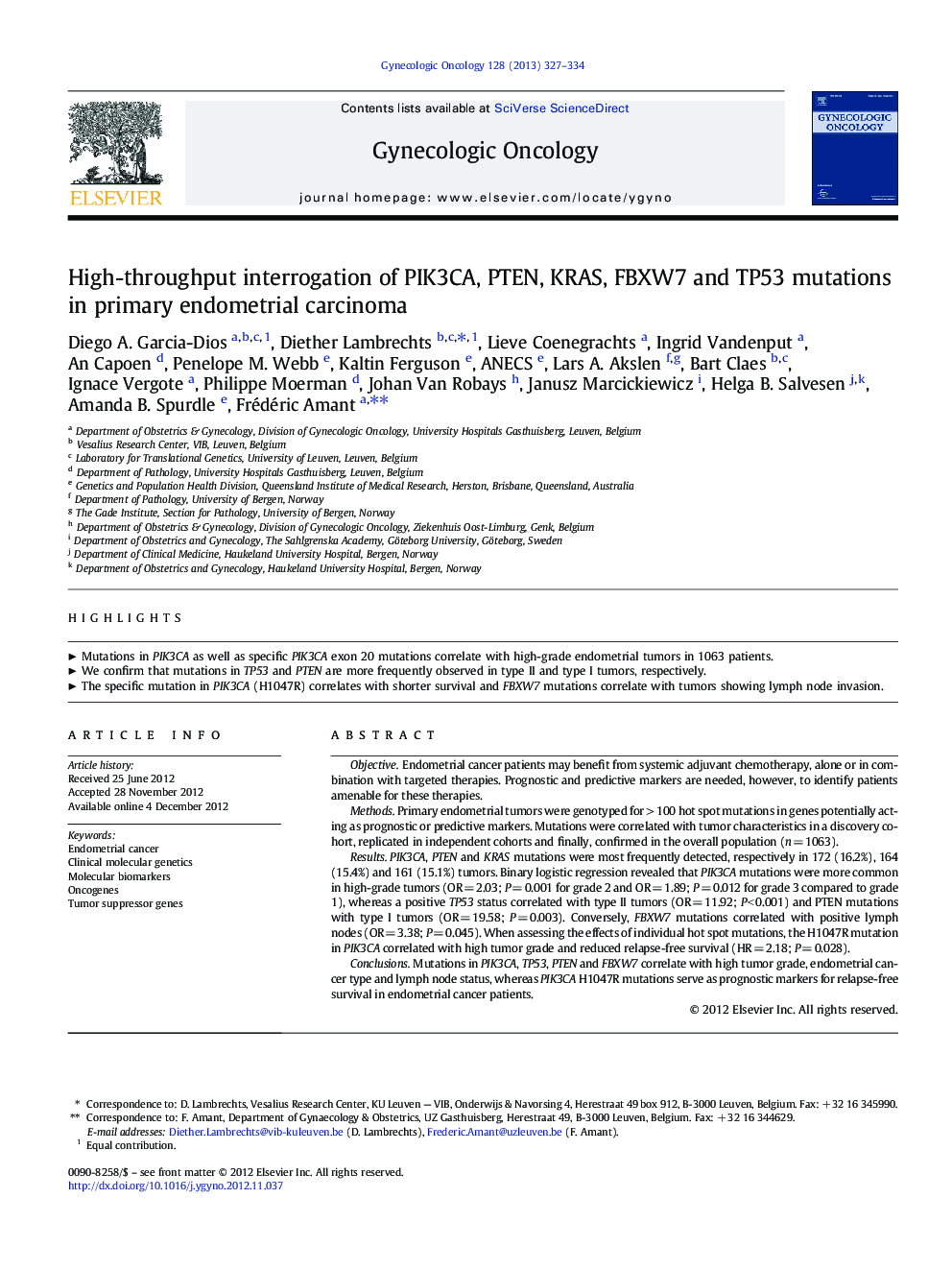 High-throughput interrogation of PIK3CA, PTEN, KRAS, FBXW7 and TP53 mutations in primary endometrial carcinoma