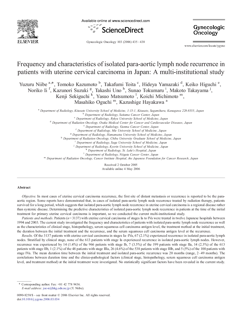 Frequency and characteristics of isolated para-aortic lymph node recurrence in patients with uterine cervical carcinoma in Japan: A multi-institutional study