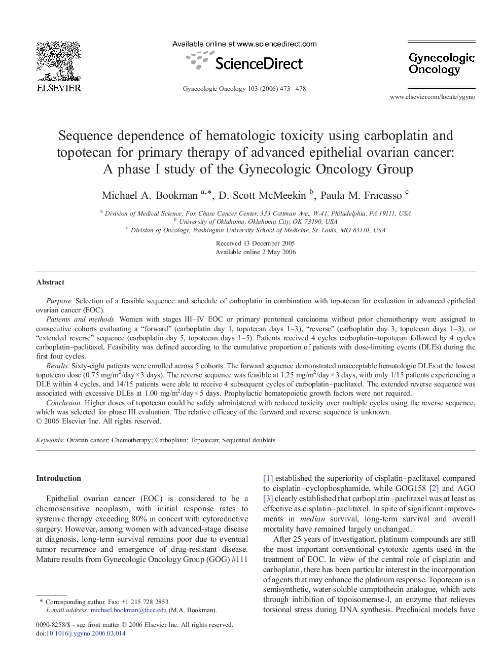 Sequence dependence of hematologic toxicity using carboplatin and topotecan for primary therapy of advanced epithelial ovarian cancer: A phase I study of the Gynecologic Oncology Group