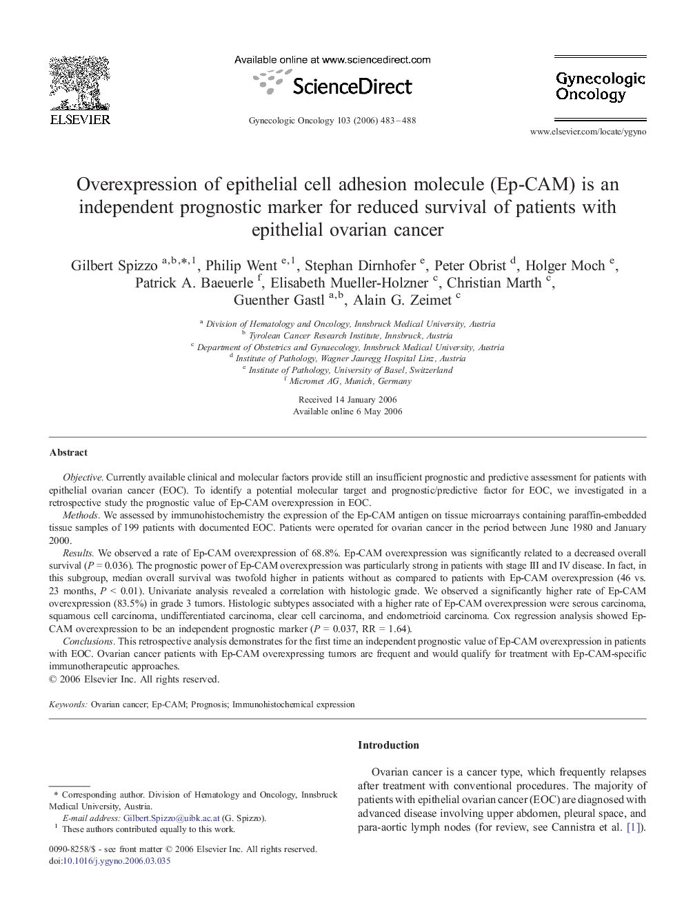 Overexpression of epithelial cell adhesion molecule (Ep-CAM) is an independent prognostic marker for reduced survival of patients with epithelial ovarian cancer