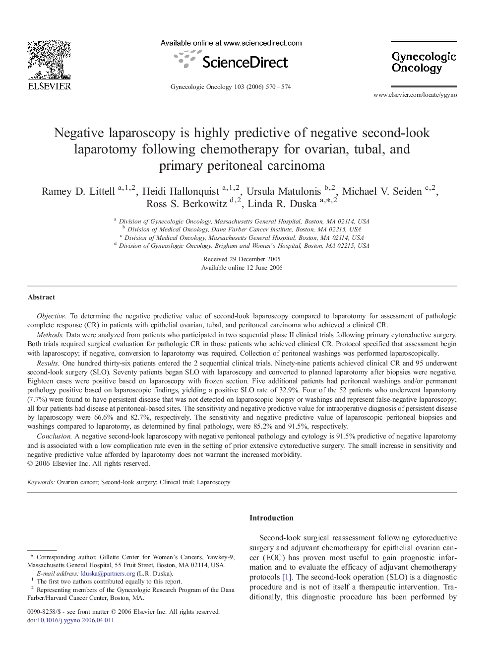 Negative laparoscopy is highly predictive of negative second-look laparotomy following chemotherapy for ovarian, tubal, and primary peritoneal carcinoma