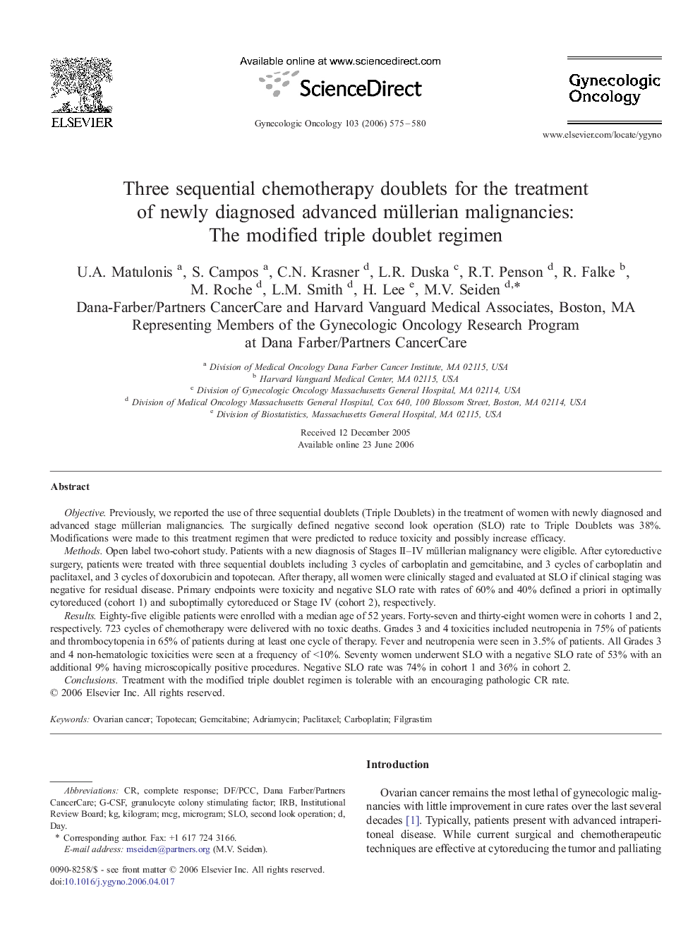 Three sequential chemotherapy doublets for the treatment of newly diagnosed advanced müllerian malignancies: The modified triple doublet regimen