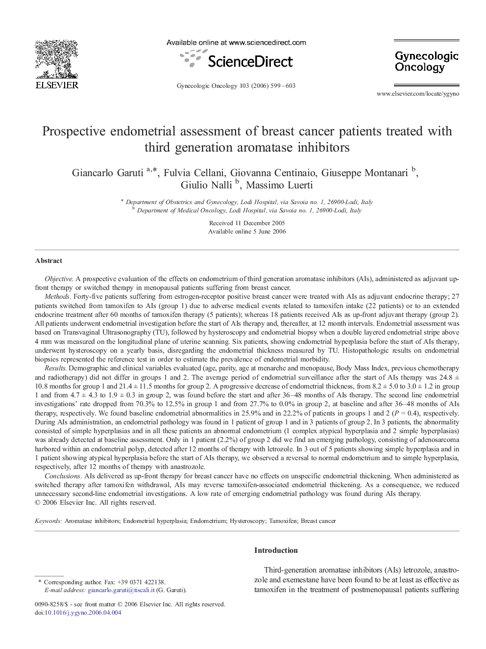 Prospective endometrial assessment of breast cancer patients treated with third generation aromatase inhibitors