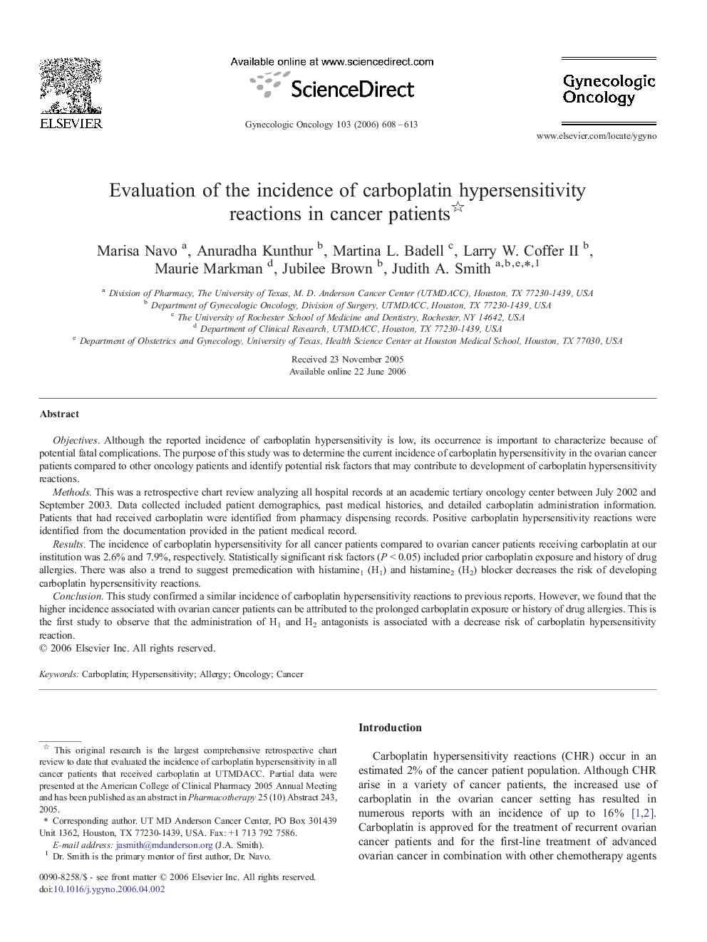 Evaluation of the incidence of carboplatin hypersensitivity reactions in cancer patients 