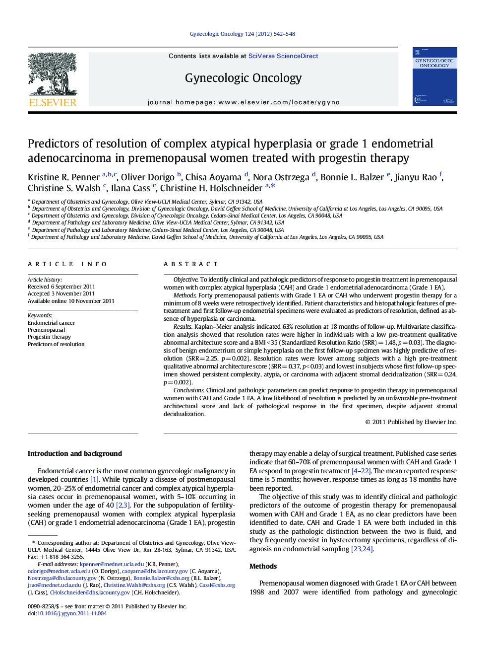 Predictors of resolution of complex atypical hyperplasia or grade 1 endometrial adenocarcinoma in premenopausal women treated with progestin therapy