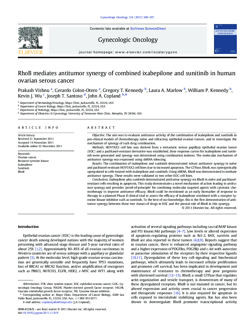 RhoB mediates antitumor synergy of combined ixabepilone and sunitinib in human ovarian serous cancer