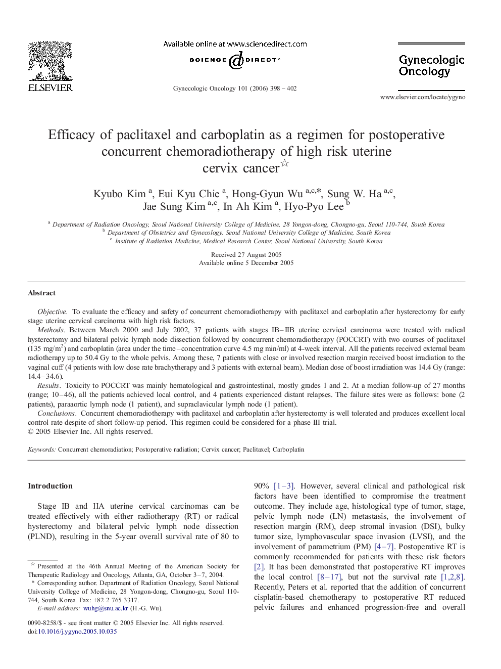 Efficacy of paclitaxel and carboplatin as a regimen for postoperative concurrent chemoradiotherapy of high risk uterine cervix cancer 