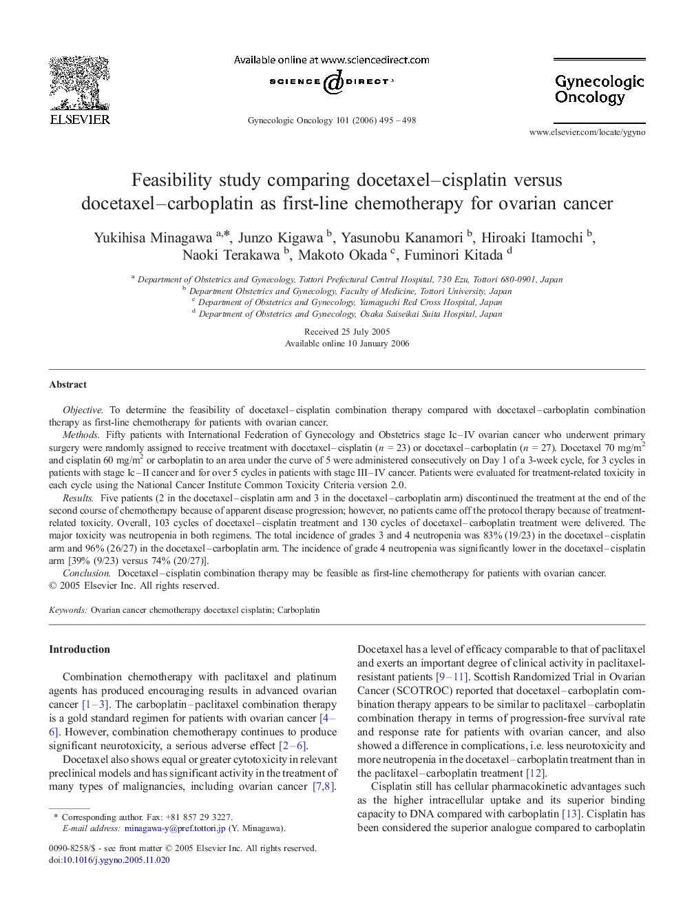 Feasibility study comparing docetaxel–cisplatin versus docetaxel–carboplatin as first-line chemotherapy for ovarian cancer