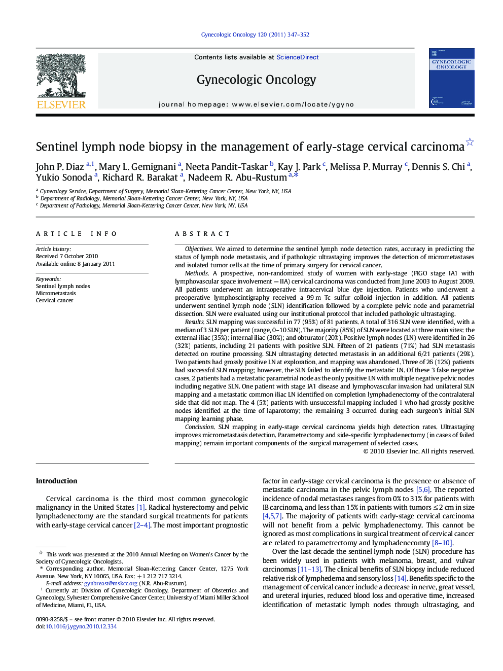 Sentinel lymph node biopsy in the management of early-stage cervical carcinoma 