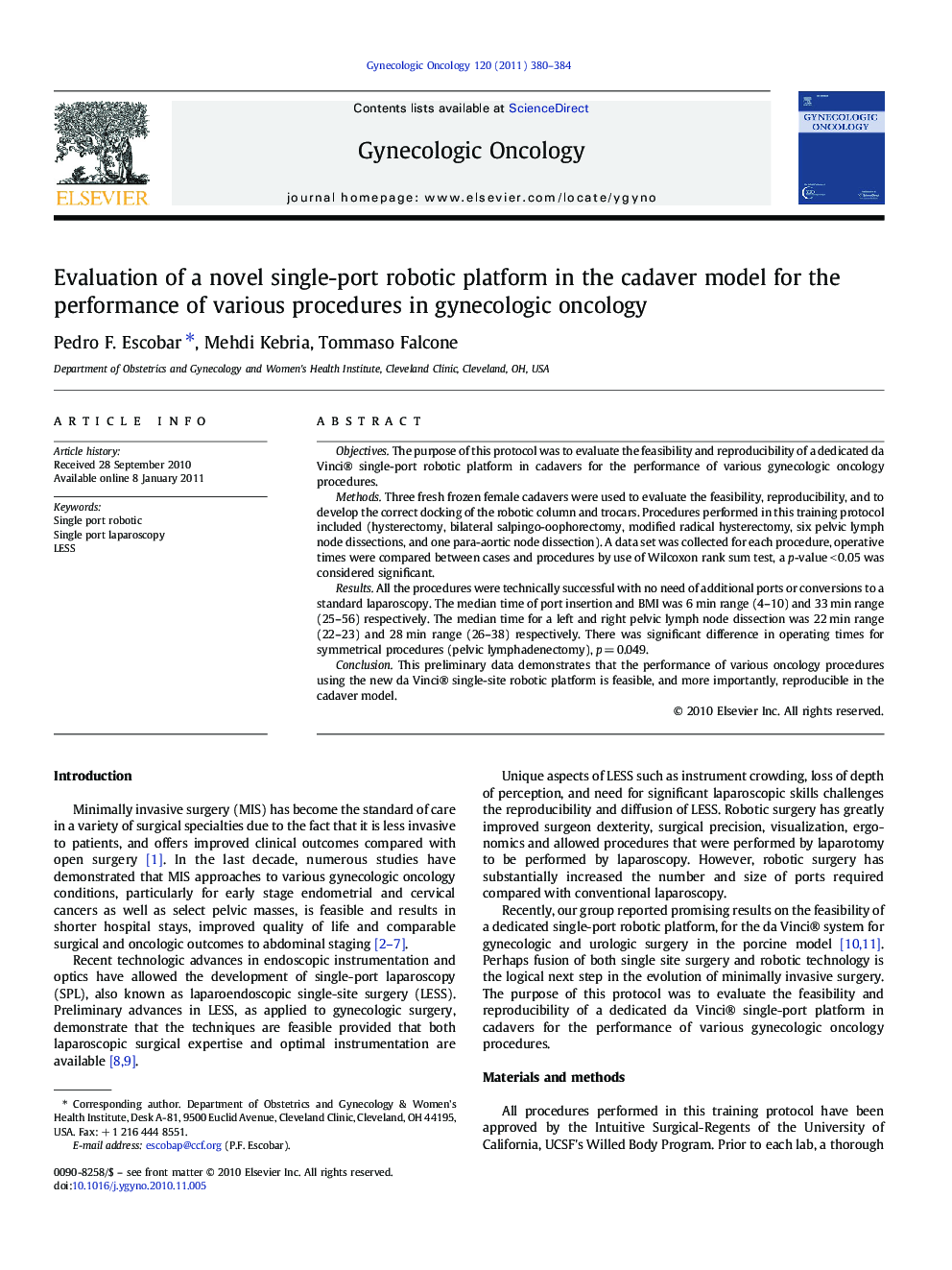 Evaluation of a novel single-port robotic platform in the cadaver model for the performance of various procedures in gynecologic oncology