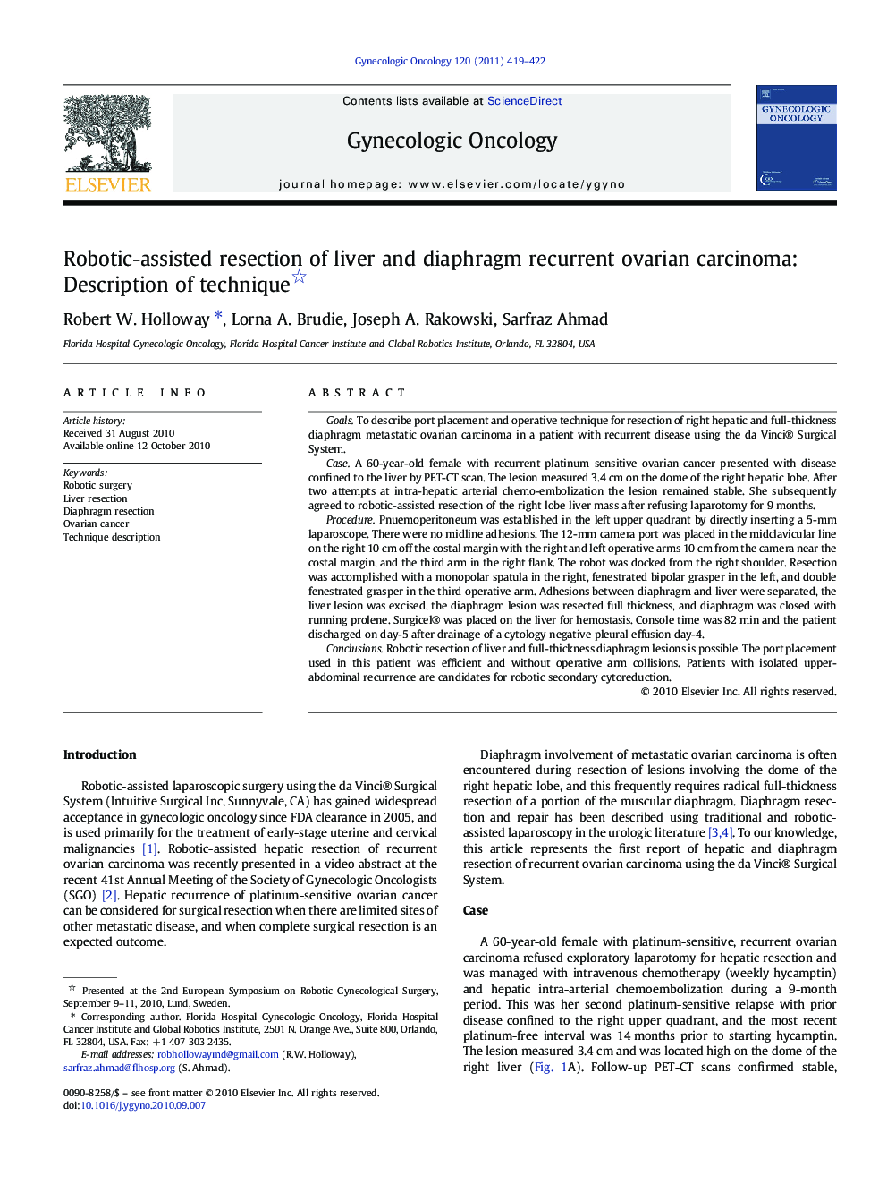 Robotic-assisted resection of liver and diaphragm recurrent ovarian carcinoma: Description of technique 