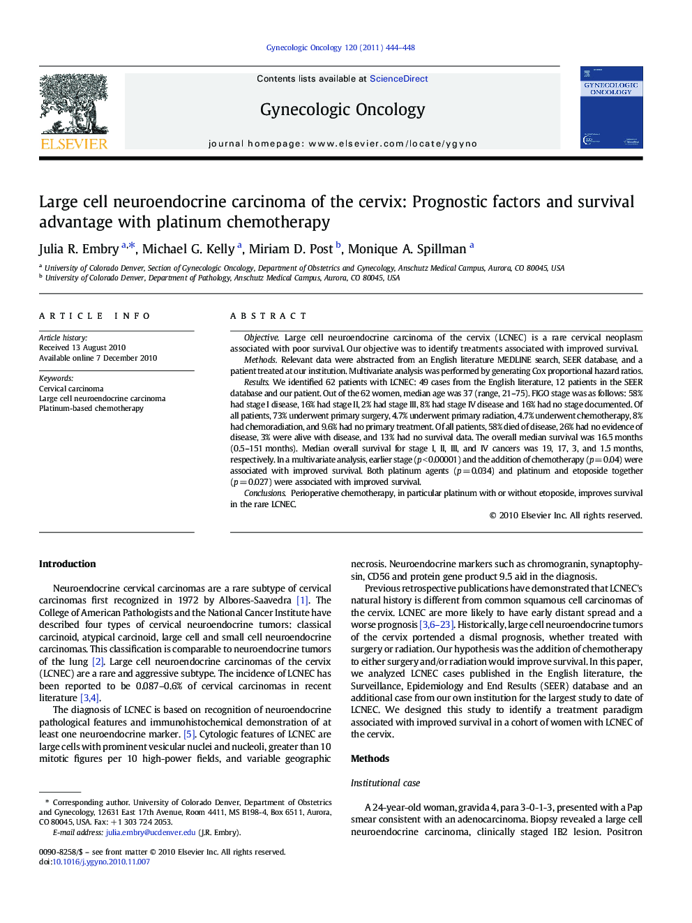 Large cell neuroendocrine carcinoma of the cervix: Prognostic factors and survival advantage with platinum chemotherapy