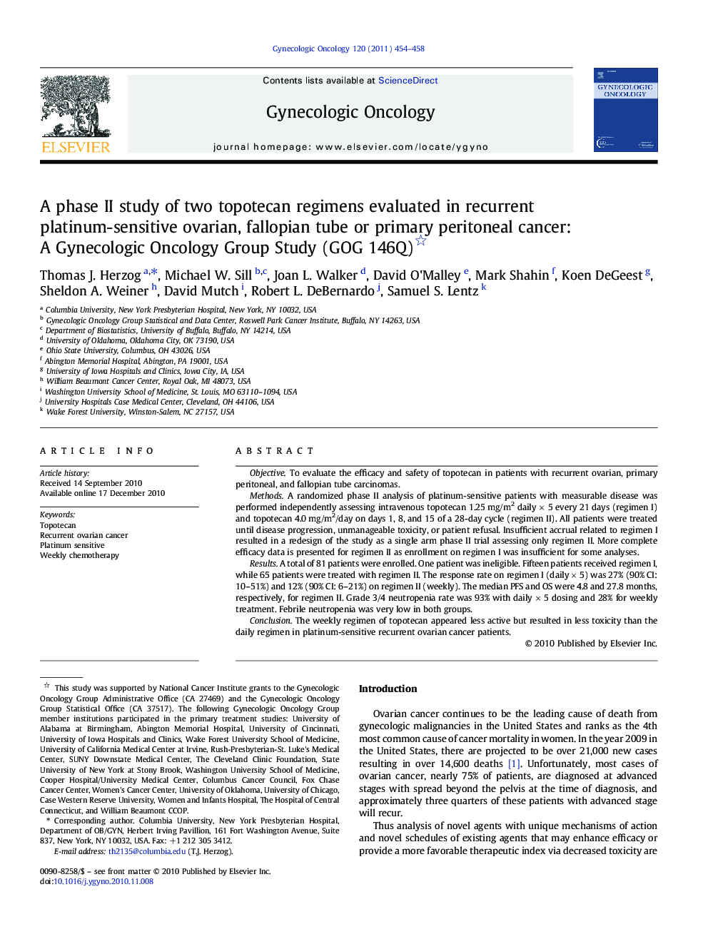 A phase II study of two topotecan regimens evaluated in recurrent platinum-sensitive ovarian, fallopian tube or primary peritoneal cancer: A Gynecologic Oncology Group Study (GOG 146Q) 