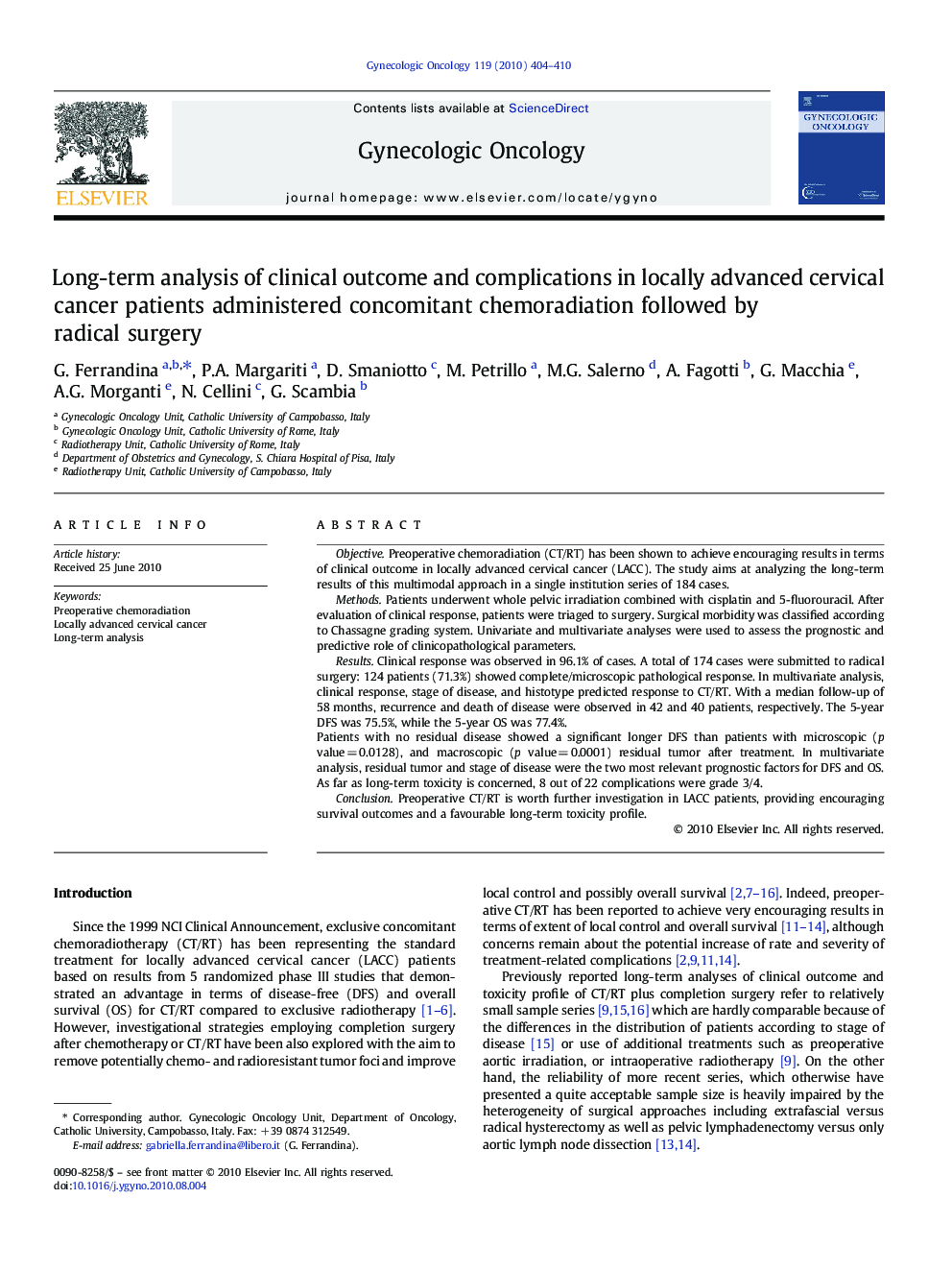 Long-term analysis of clinical outcome and complications in locally advanced cervical cancer patients administered concomitant chemoradiation followed by radical surgery