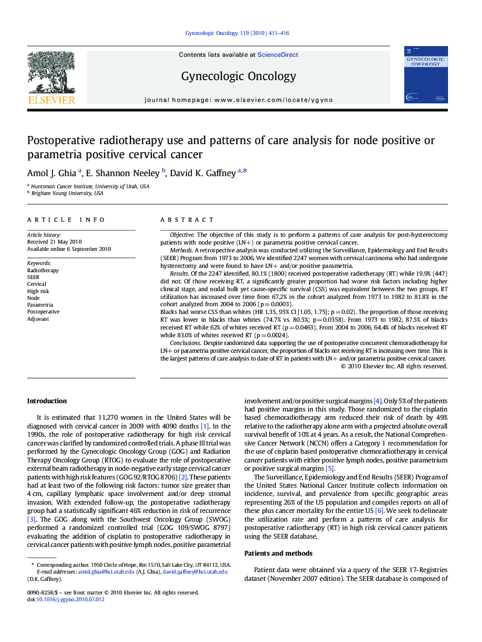 Postoperative radiotherapy use and patterns of care analysis for node positive or parametria positive cervical cancer