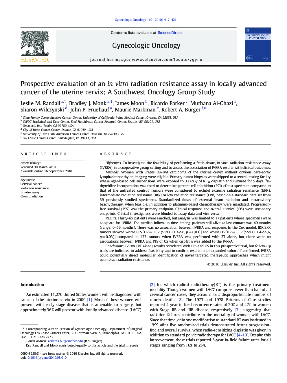 عکس صفحه اول مقاله: Prospective evaluation of an in vitro radiation resistance assay in locally advanced cancer of the uterine cervix: A Southwest Oncology Group Study Prospective evaluation of an in vitro radiation resistance assay in locally advanced cancer of the uterine cervix: A Southwest Oncology Group Study