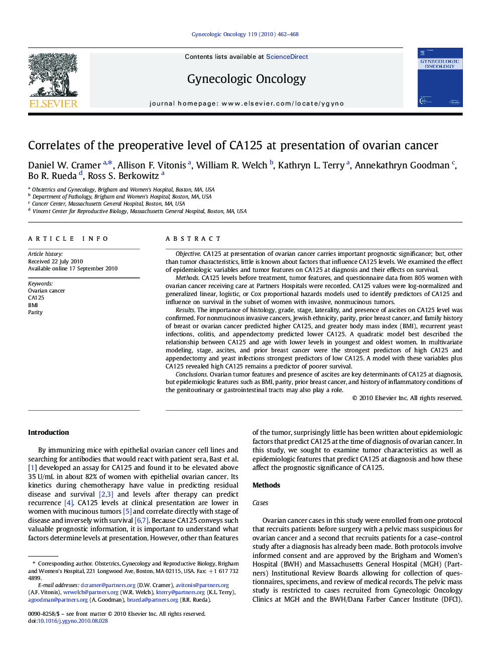 Correlates of the preoperative level of CA125 at presentation of ovarian cancer