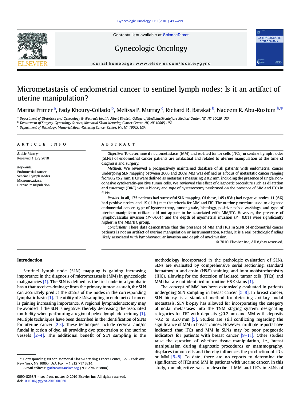 Micrometastasis of endometrial cancer to sentinel lymph nodes: Is it an artifact of uterine manipulation?