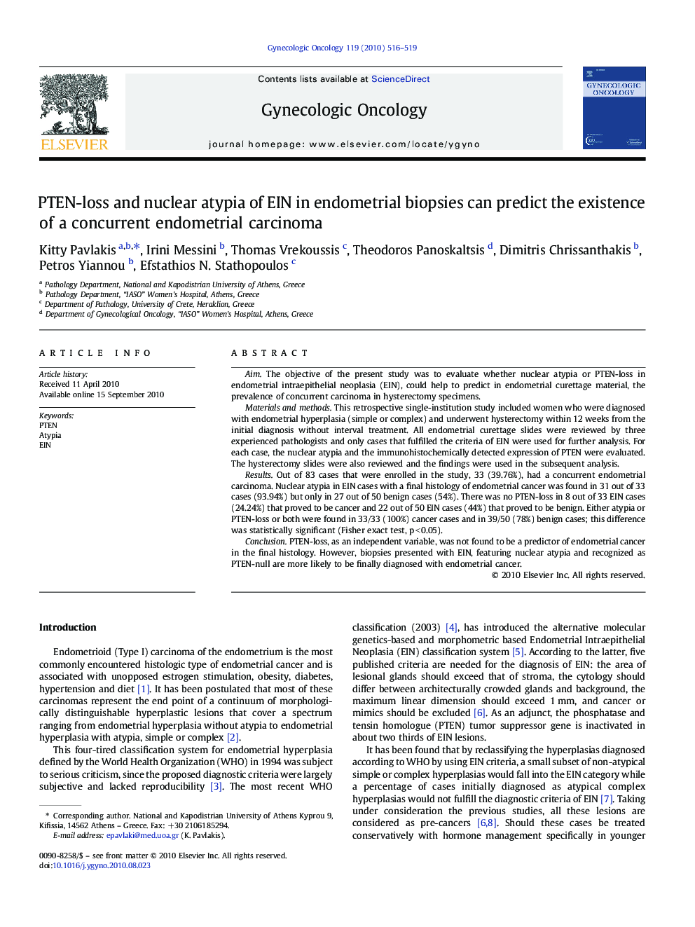 PTEN-loss and nuclear atypia of EIN in endometrial biopsies can predict the existence of a concurrent endometrial carcinoma