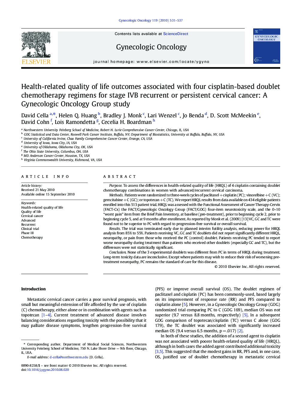 Health-related quality of life outcomes associated with four cisplatin-based doublet chemotherapy regimens for stage IVB recurrent or persistent cervical cancer: A Gynecologic Oncology Group study