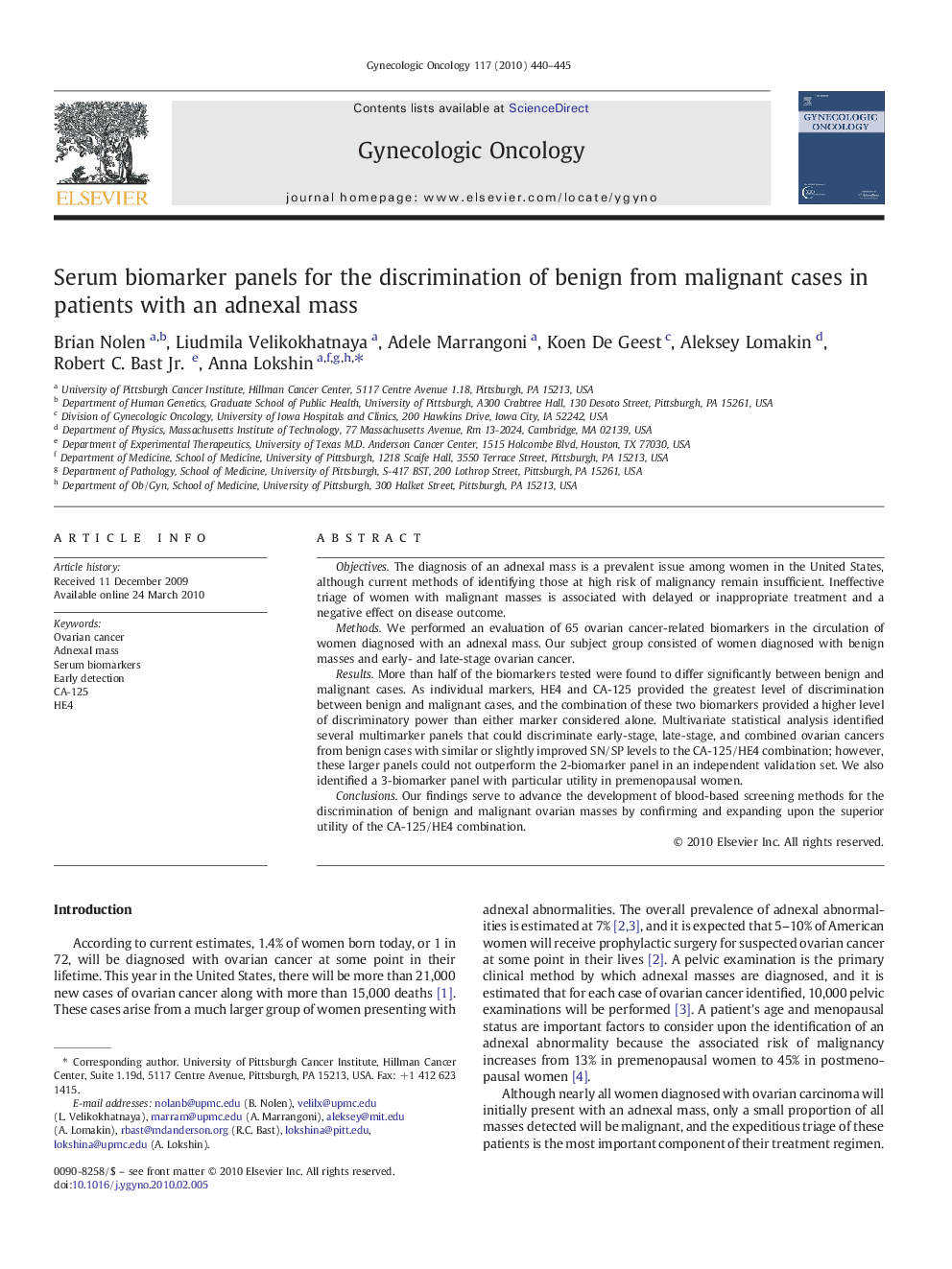 Serum biomarker panels for the discrimination of benign from malignant cases in patients with an adnexal mass