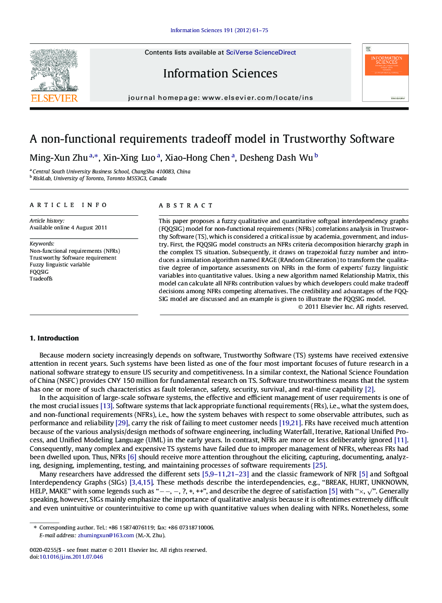 A non-functional requirements tradeoff model in Trustworthy Software