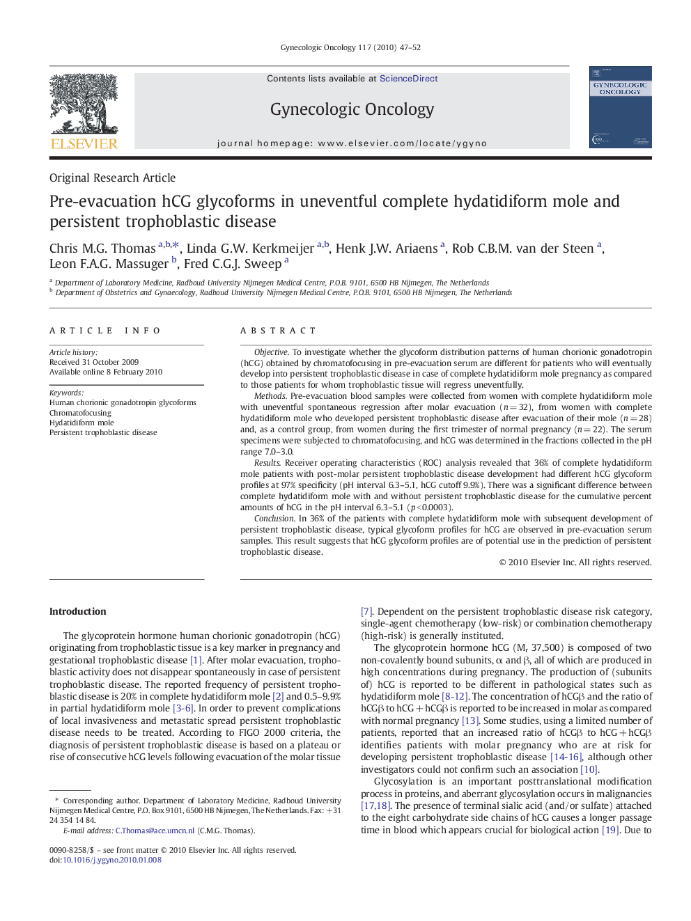 Pre-evacuation hCG glycoforms in uneventful complete hydatidiform mole and persistent trophoblastic disease