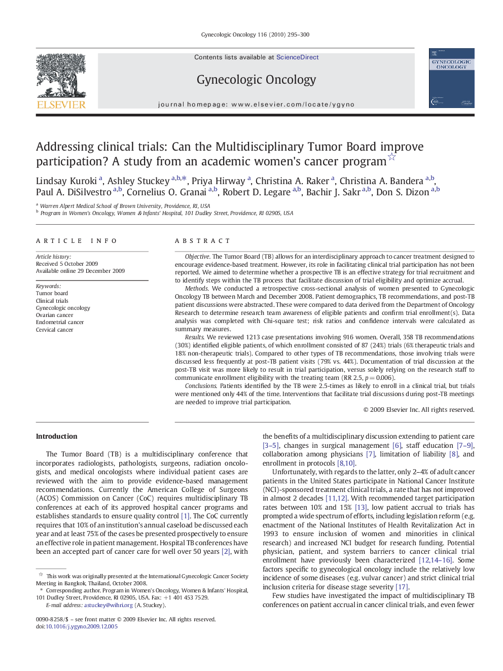 Addressing clinical trials: Can the Multidisciplinary Tumor Board improve participation? A study from an academic women's cancer program 