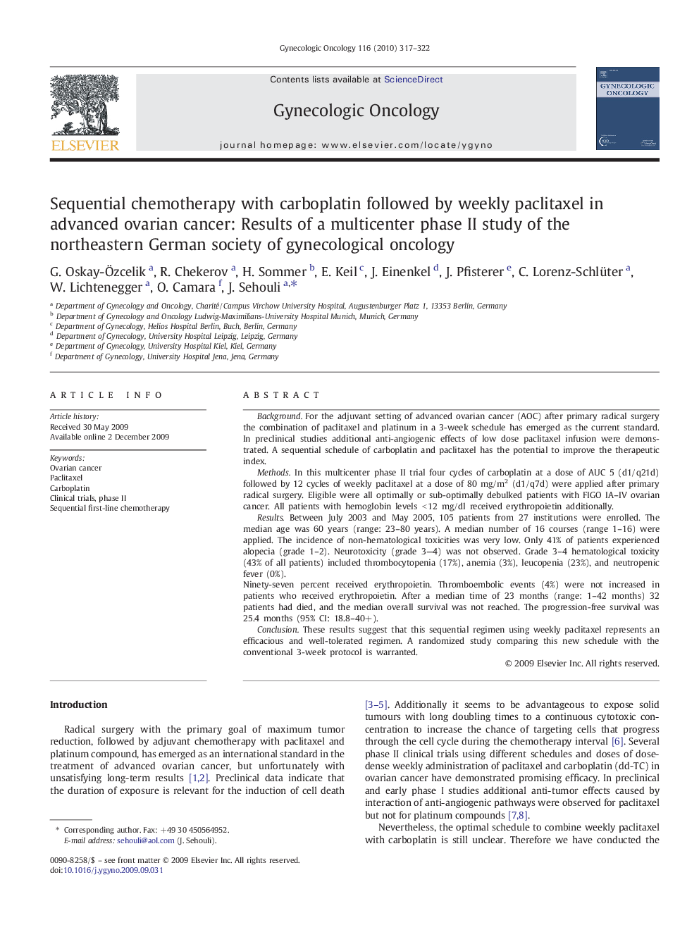 Sequential chemotherapy with carboplatin followed by weekly paclitaxel in advanced ovarian cancer: Results of a multicenter phase II study of the northeastern German society of gynecological oncology