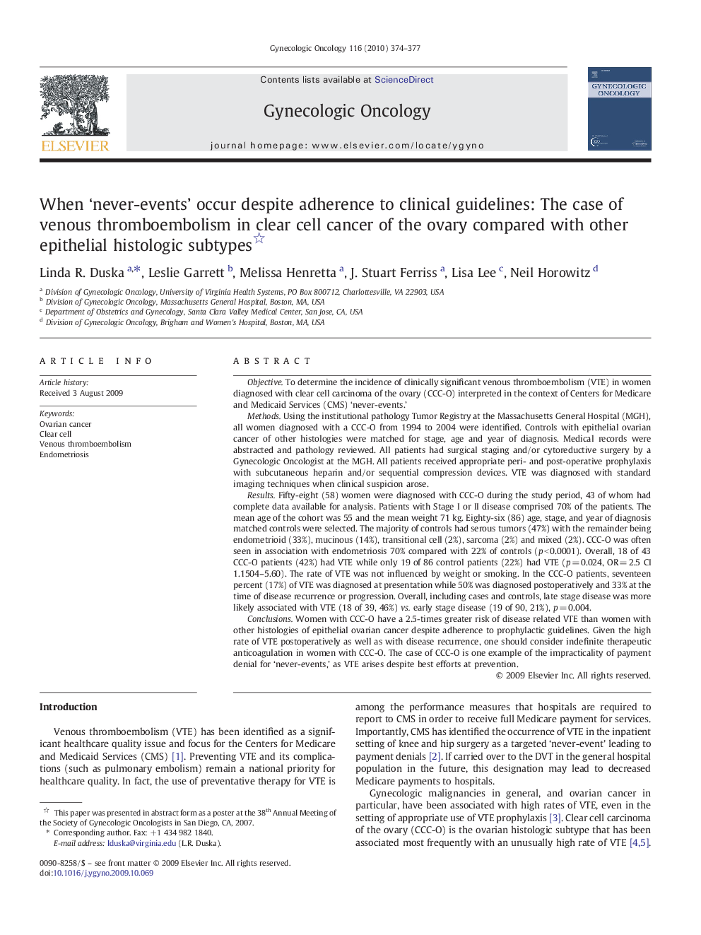 When ‘never-events’ occur despite adherence to clinical guidelines: The case of venous thromboembolism in clear cell cancer of the ovary compared with other epithelial histologic subtypes 