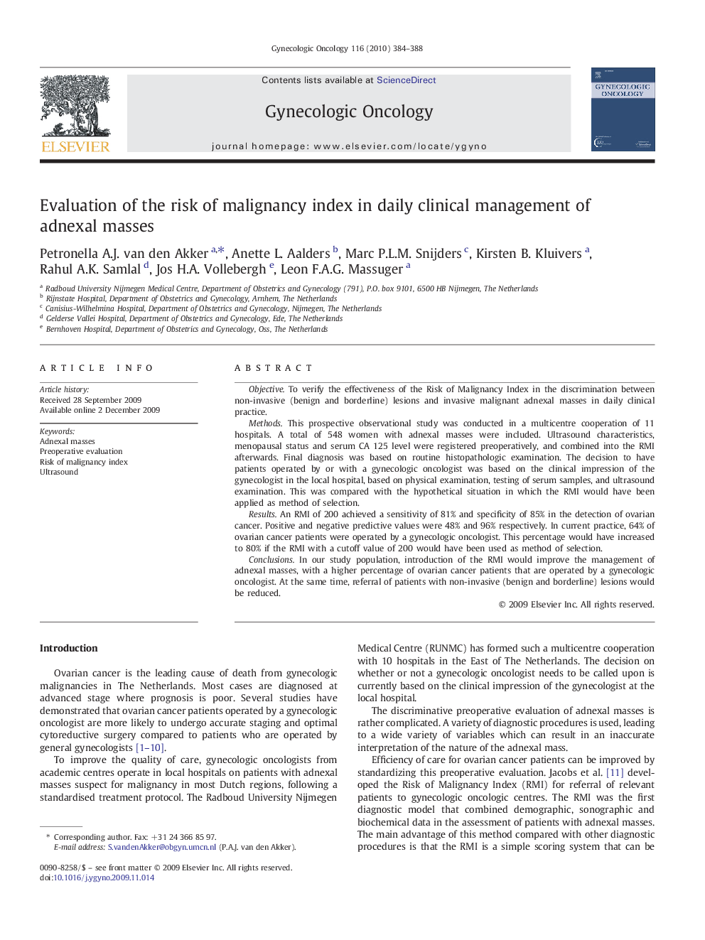 Evaluation of the risk of malignancy index in daily clinical management of adnexal masses