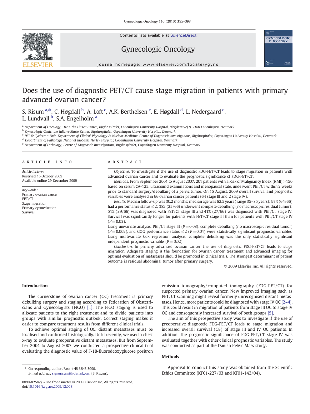 Does the use of diagnostic PET/CT cause stage migration in patients with primary advanced ovarian cancer?