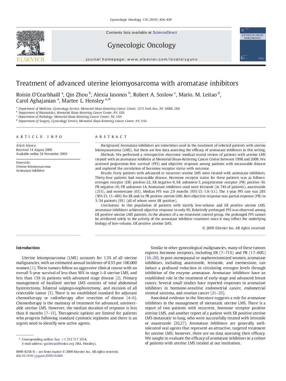 Treatment of advanced uterine leiomyosarcoma with aromatase inhibitors