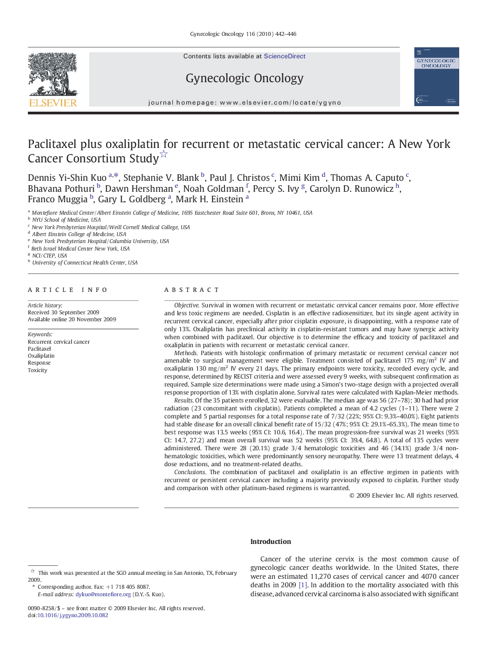 Paclitaxel plus oxaliplatin for recurrent or metastatic cervical cancer: A New York Cancer Consortium Study 