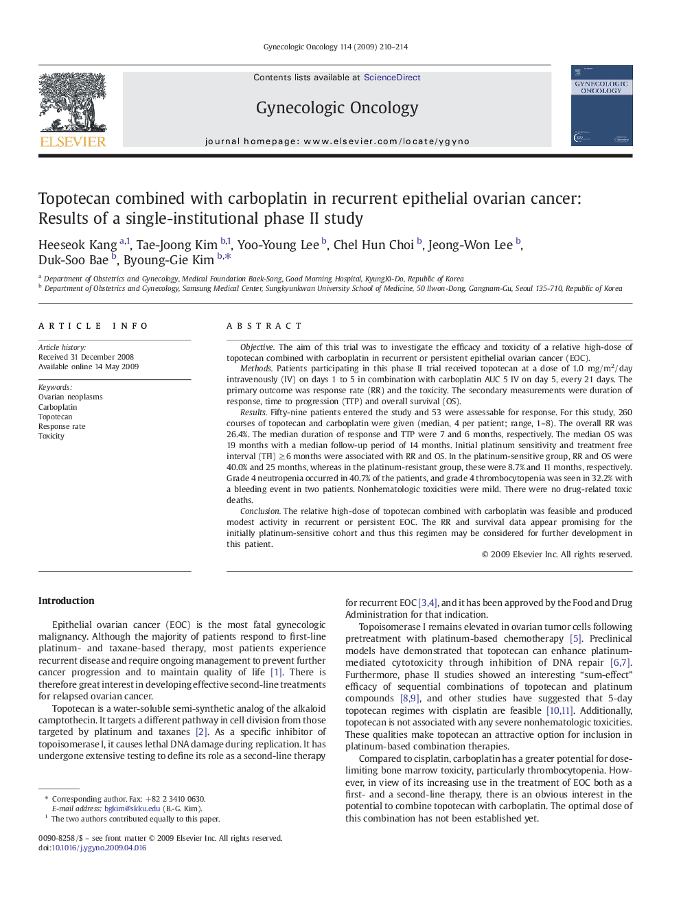 Topotecan combined with carboplatin in recurrent epithelial ovarian cancer: Results of a single-institutional phase II study