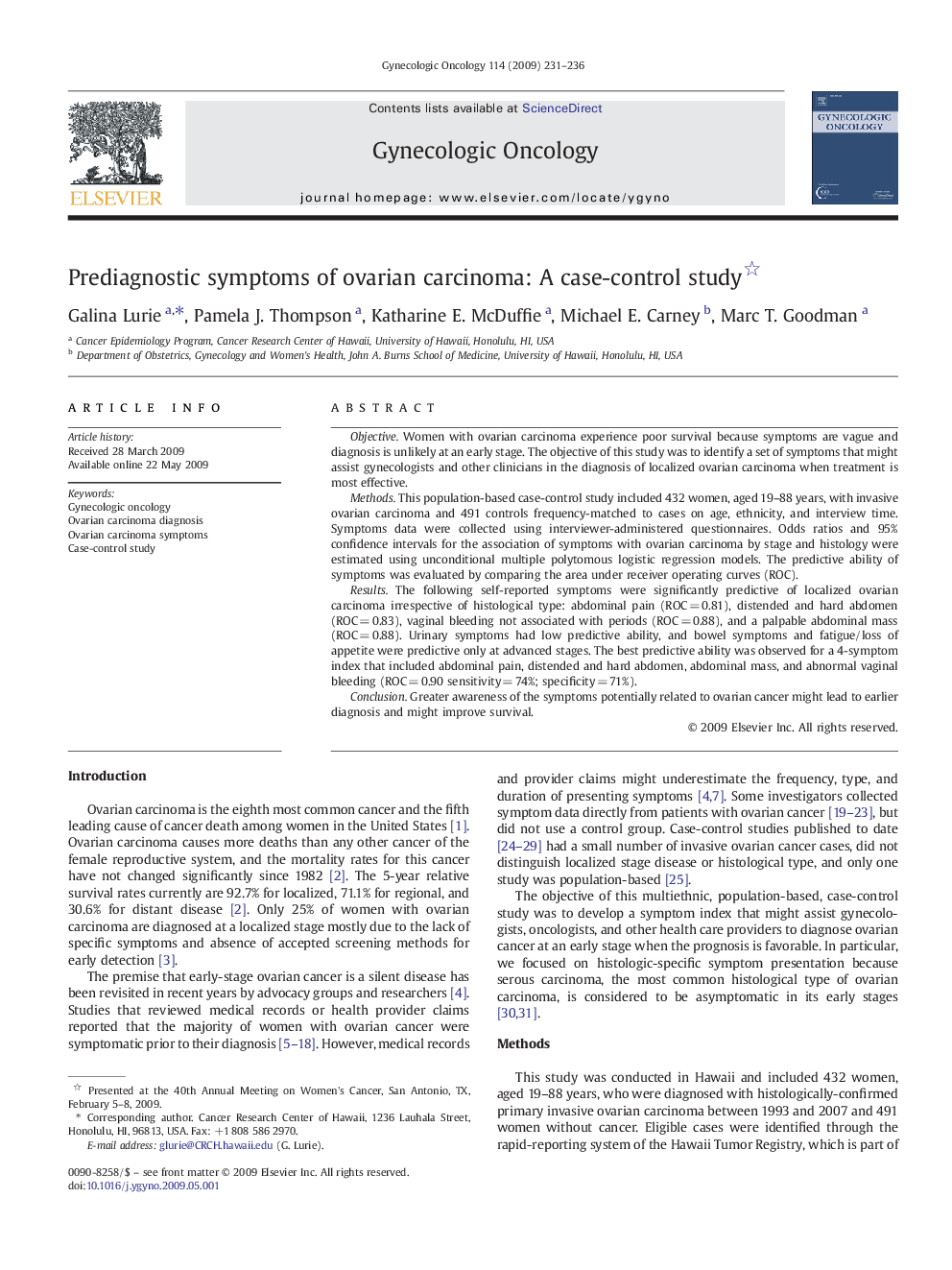 Prediagnostic symptoms of ovarian carcinoma: A case-control study 