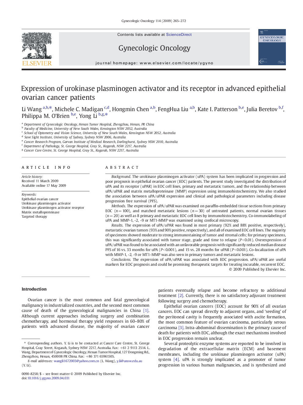 Expression of urokinase plasminogen activator and its receptor in advanced epithelial ovarian cancer patients