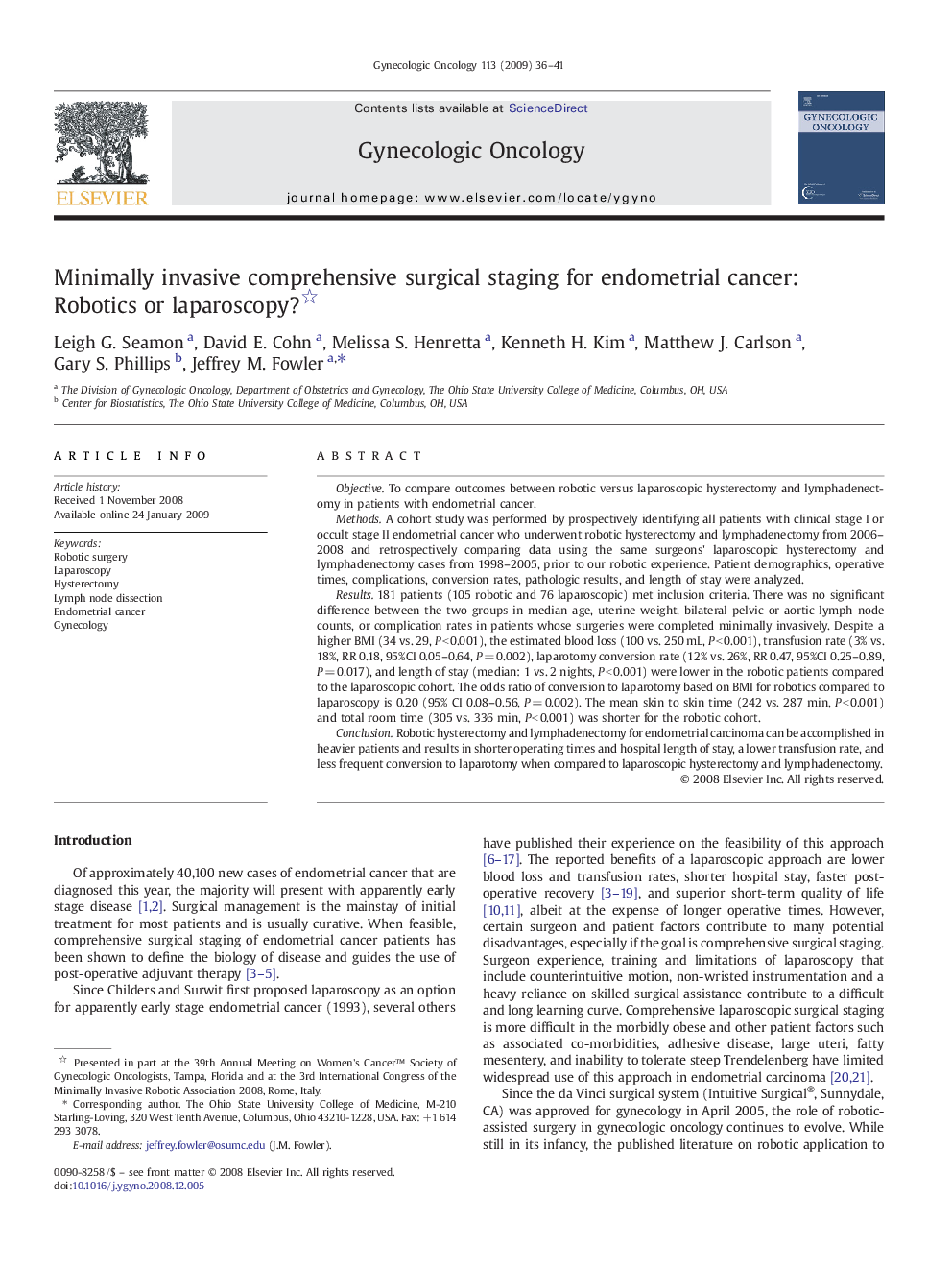 Minimally invasive comprehensive surgical staging for endometrial cancer: Robotics or laparoscopy? 