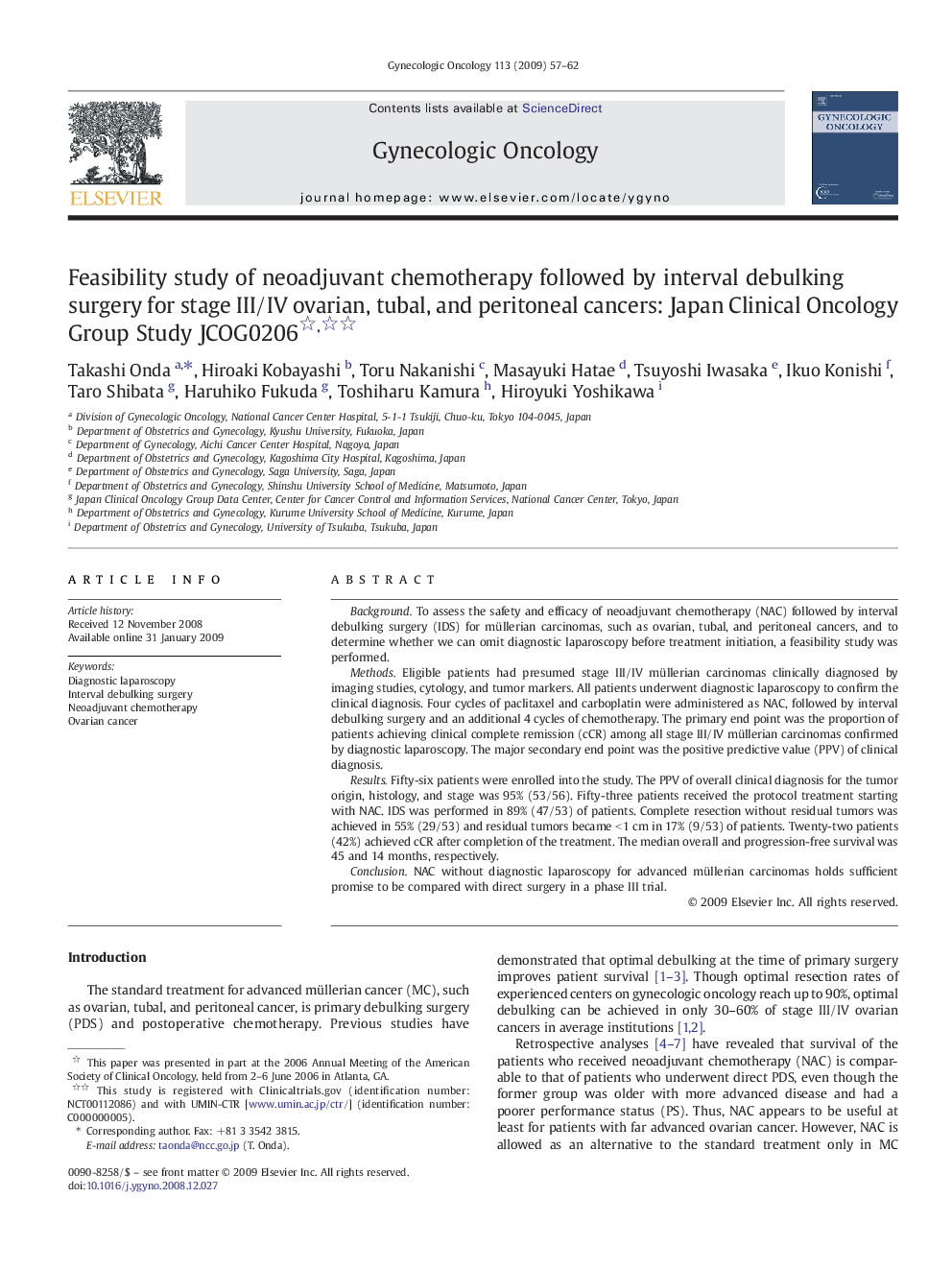 Feasibility study of neoadjuvant chemotherapy followed by interval debulking surgery for stage III/IV ovarian, tubal, and peritoneal cancers: Japan Clinical Oncology Group Study JCOG0206 